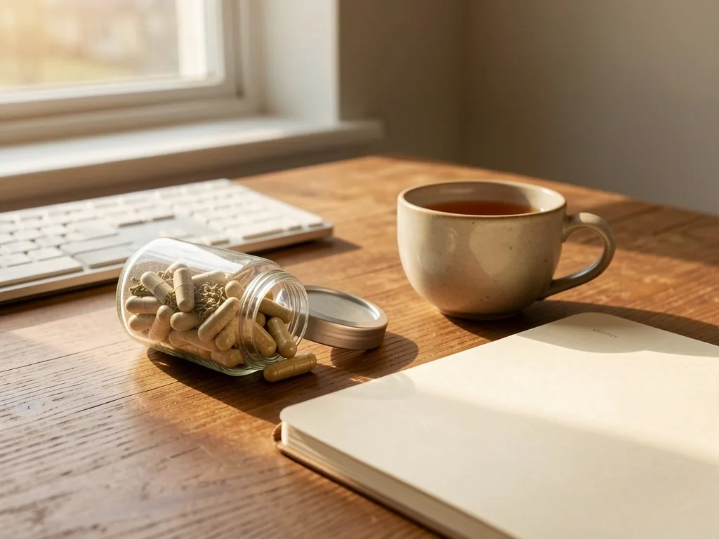 Natural capsules and tea on a work desk
