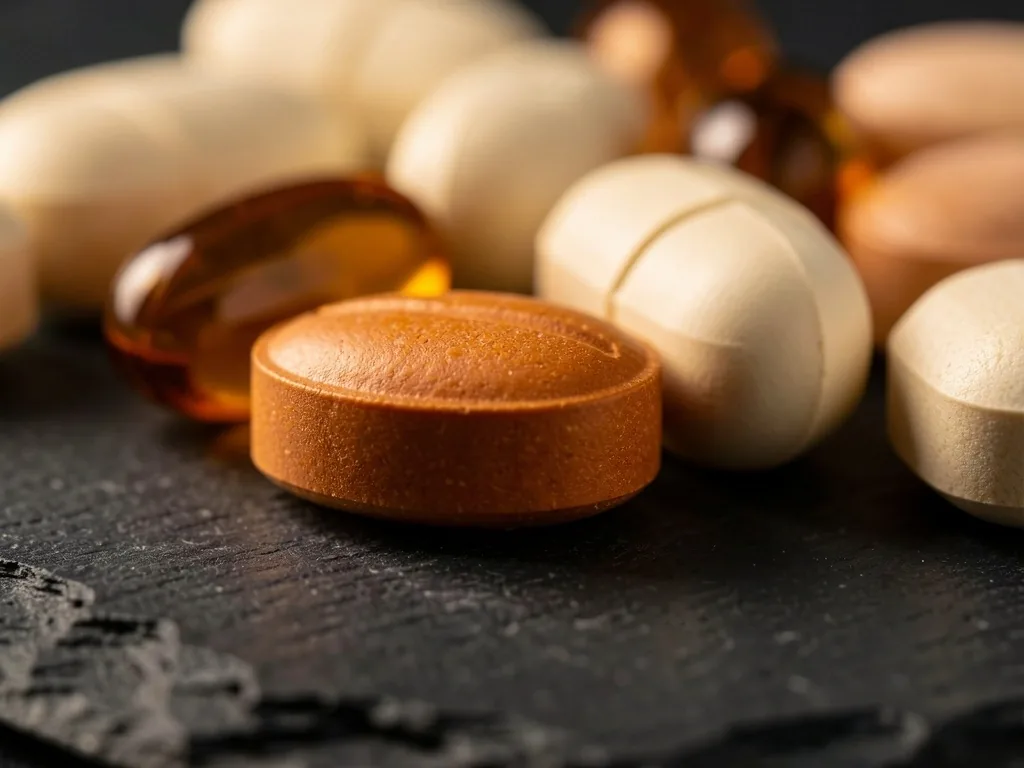 B-complex vitamin tablets arranged on a dark surface