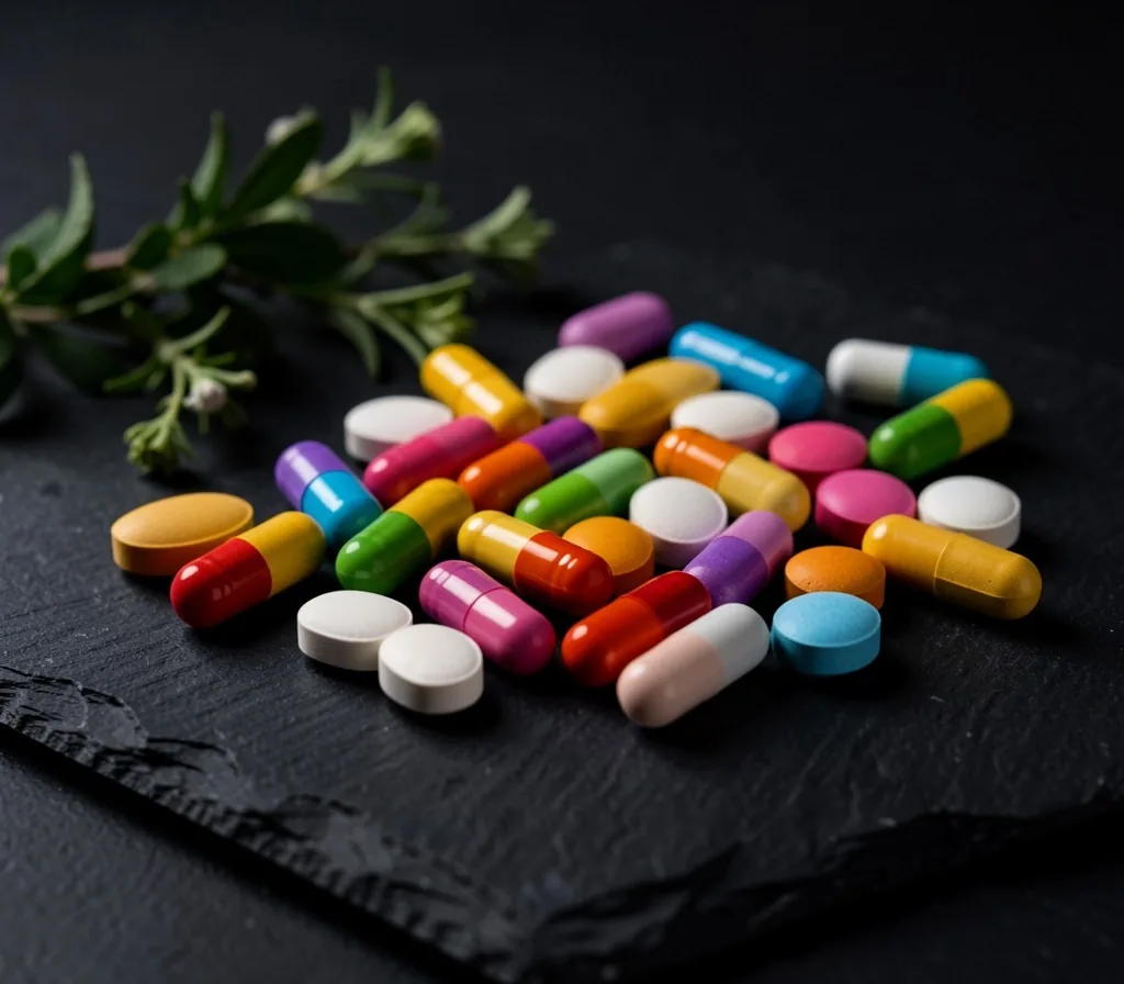 Assorted vitamin capsules arranged on a dark surface