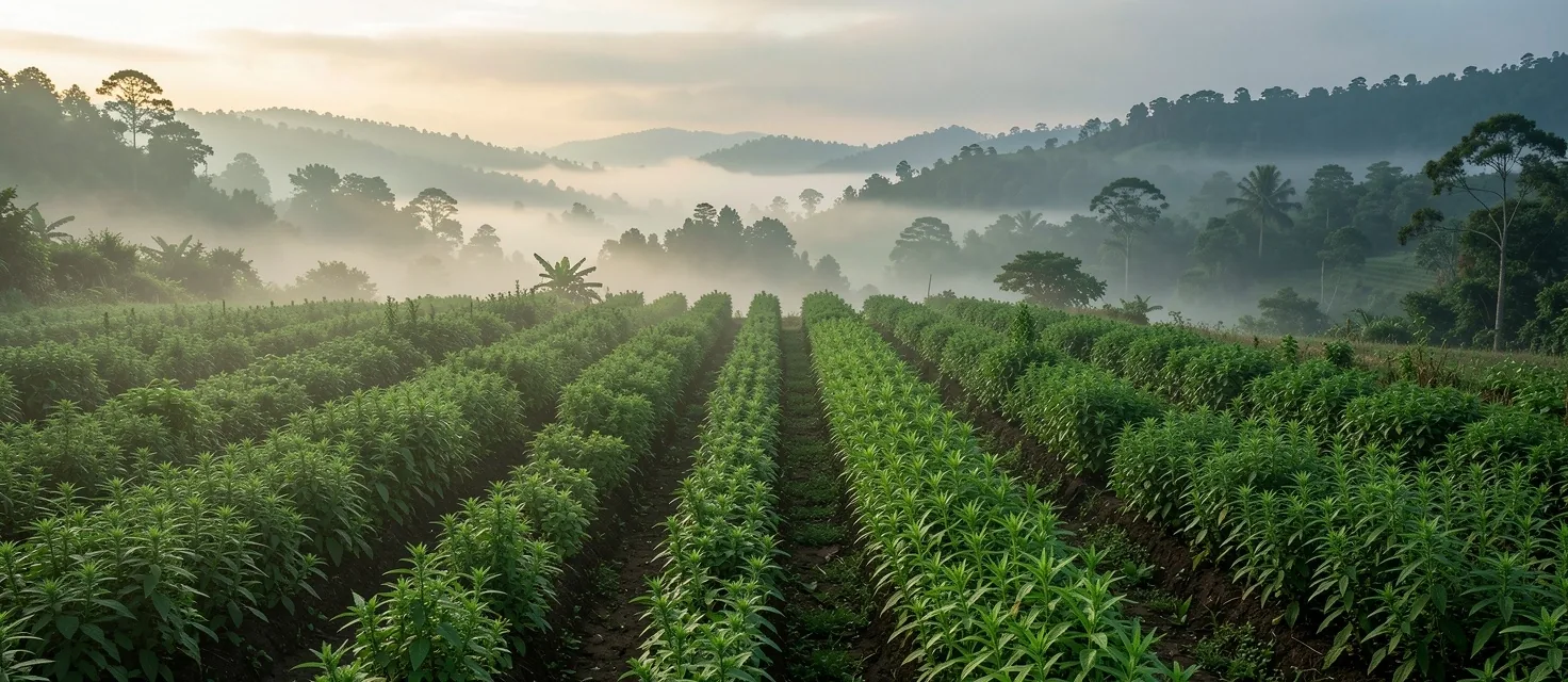 Highland botanical garden representing ethical plant-based sourcing